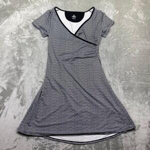 Prana Nadia Black White Micro Dot Faux Wrap Style Short Sleeve Dress Size M